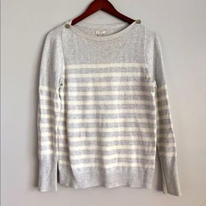 J Crew Cotton Grey White Button Boatneck Sweater